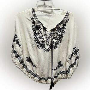Pancho style blouse white with blue embroidery embroidery